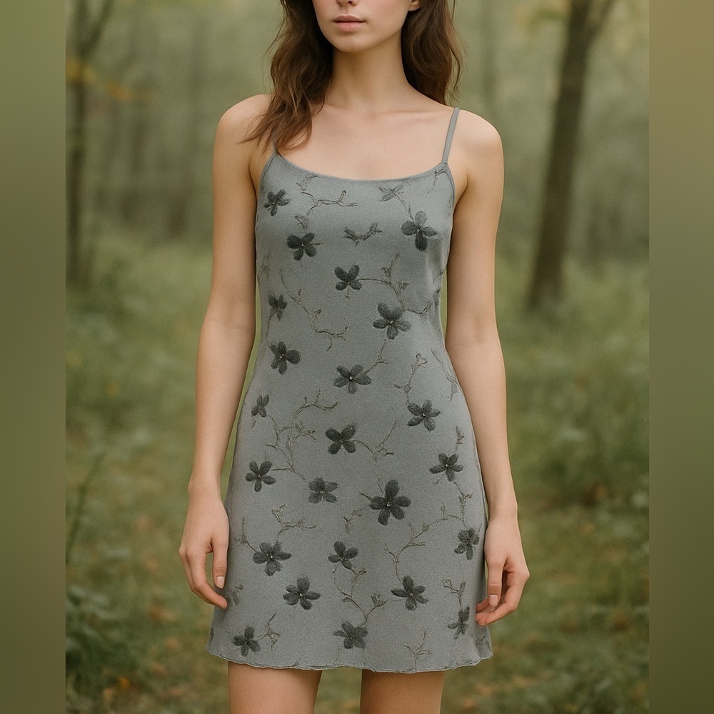 Y2K La Belle Gray Floral Glitter Slip Dress – Made in USA – Size M